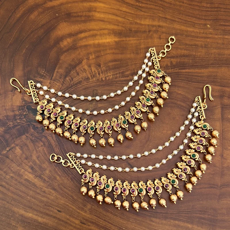 Antique Gold Matte Peacock Kemp Bridal Earchain with Pearls